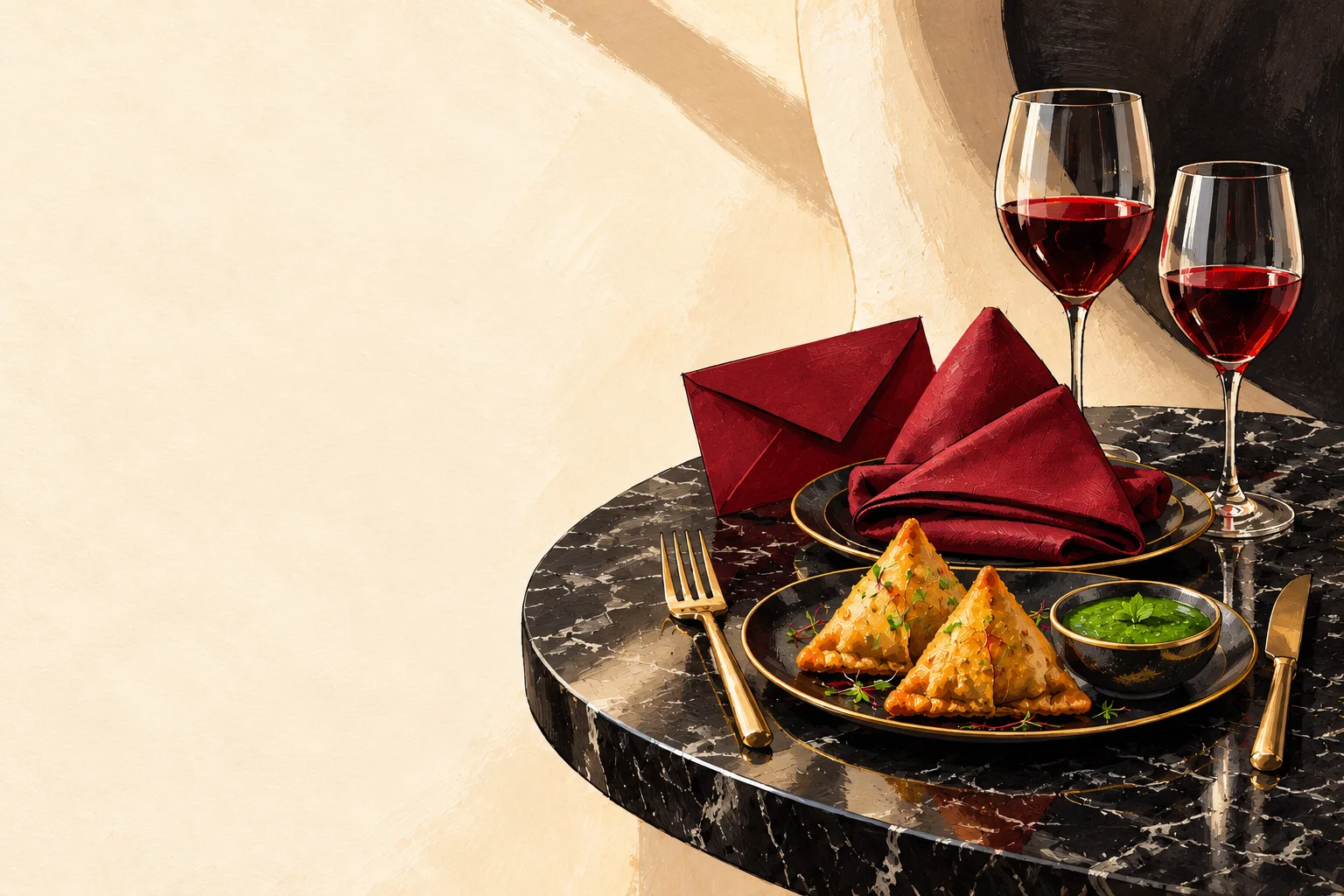 An elegant dinner setting with samosas, green chutney, a red napkin and two glasses.
